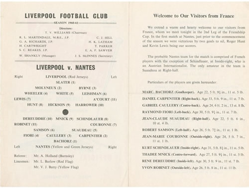 1960-61 Coupe de l'amitié Liverpool Nantes (intérieur)