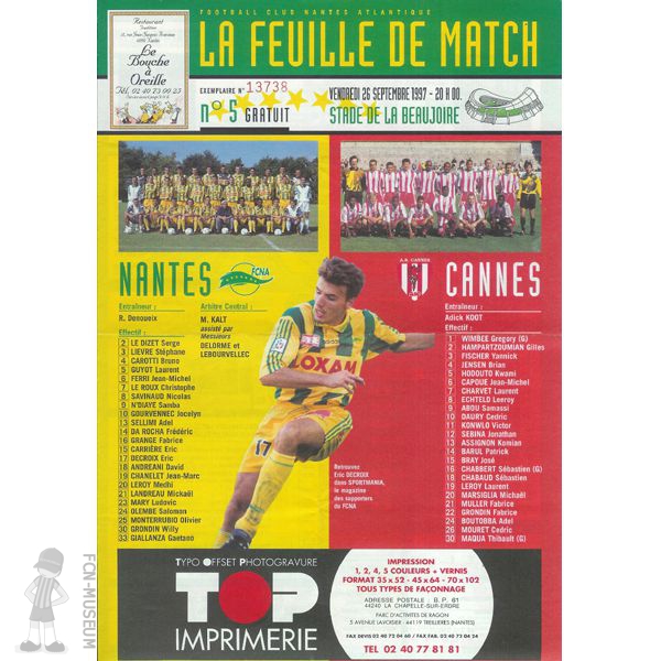 1997-98 09ème j Nantes Cannes (Programme)