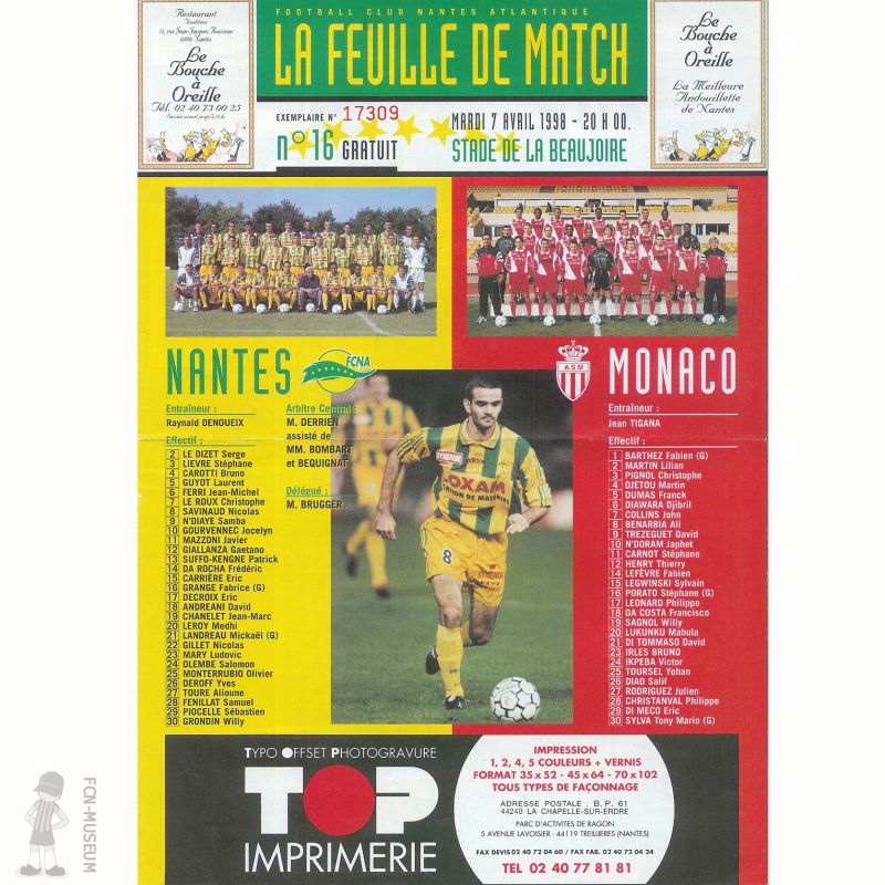 1997-98 31ème j Nantes Monaco (Programme)
