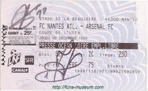 Billet 16ème retour Nantes Arsenal 1999-00