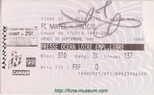 Billet 1ère tour retour Nantes Ionikos 1999-00