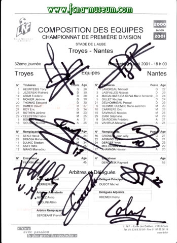 Feuille de match 16ème j Nantes Troyes 2000-01