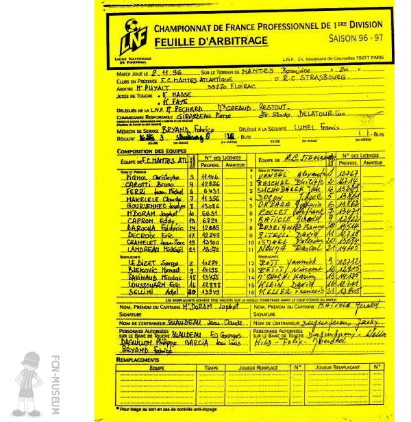 1996-97 Feuille Arbitrage FC Nantes Atlantique - RC Strasbourg