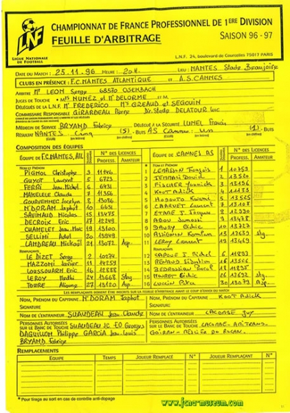 1996-97 Feuille Arbitrage Nantes Cannes