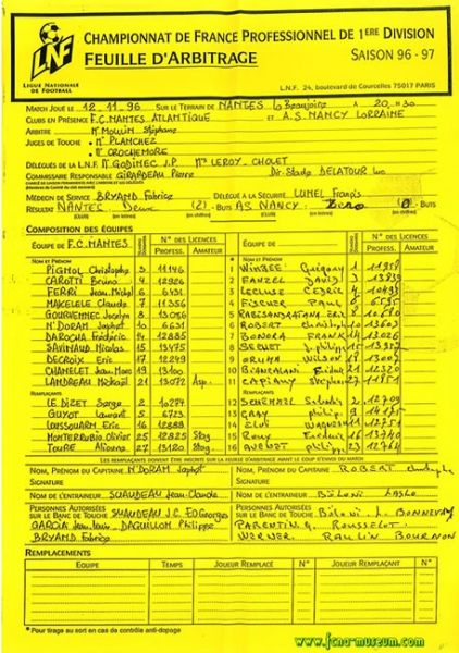 1996-97 Feuille Arbitrage Nantes Nancy