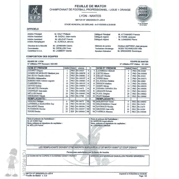 2002-03 25ème j Lyon Nantes (Feuille de match)