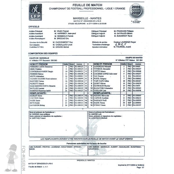 2004-05 16ème j Marseille Nantes (Feuille de match)