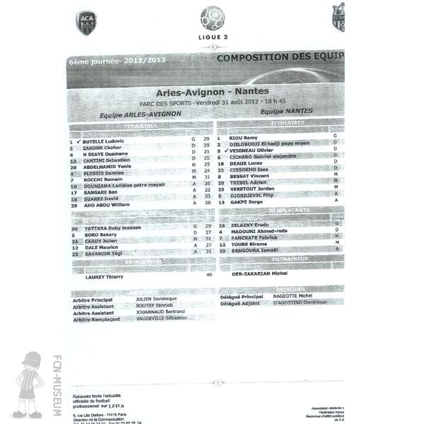 2012-13 06ème j Arles Nantes (Feuille de match)