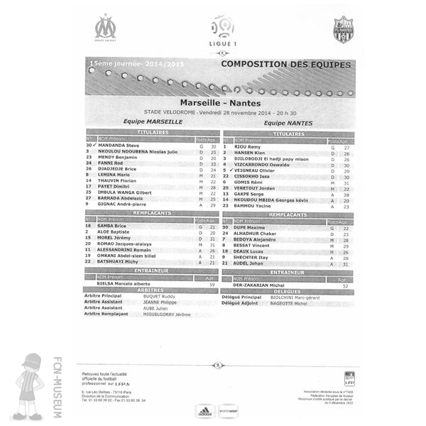 2014-15 15ème j Marseille Nantes (Feuille Match)