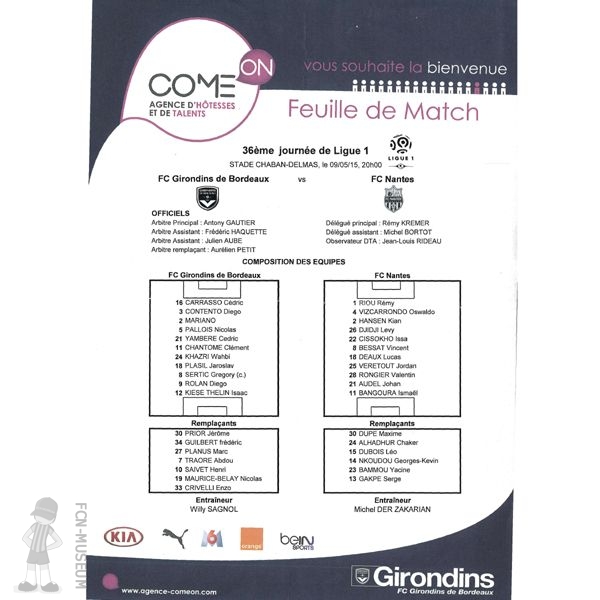 2014-15 36ème j Bordeaux Nantes (Feuille de match)