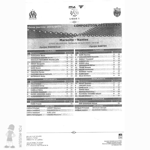 2015-16 35ème j Marseille Nantes (Feuille match)