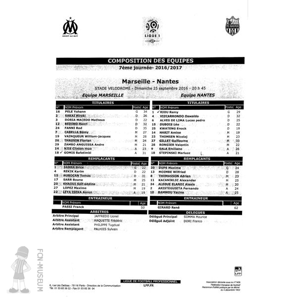 2016-17 07ème j Marseille Nantes (Feuille match)