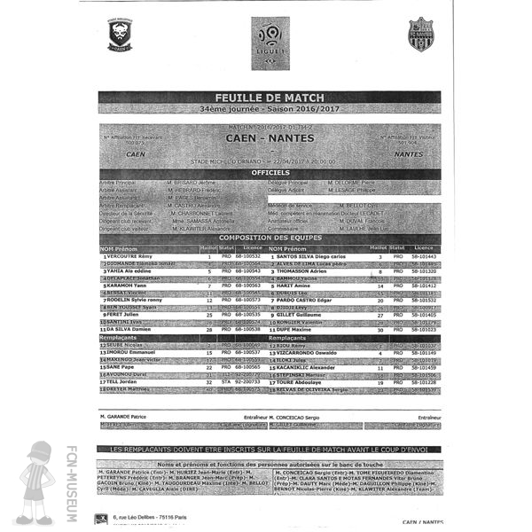 2016-17 34ème j Caen Nantes (Feuille Match)