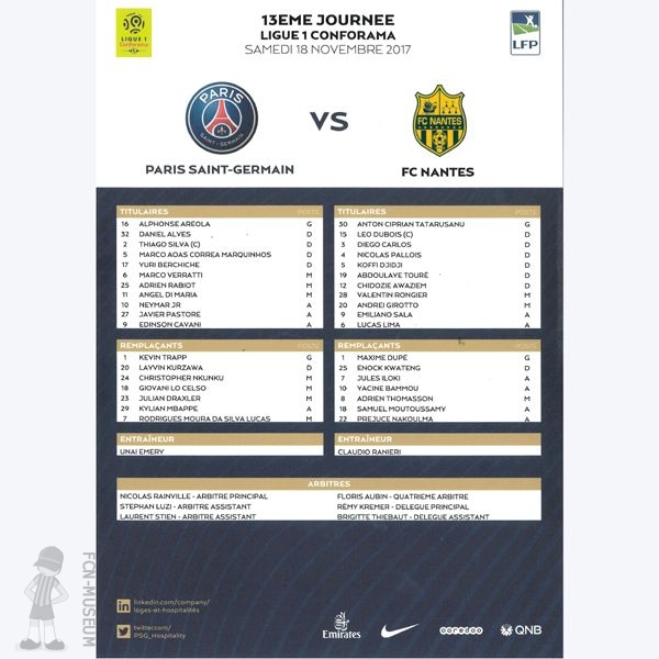 2017-18 13ème j Paris SG Nantes (Feuille Match)