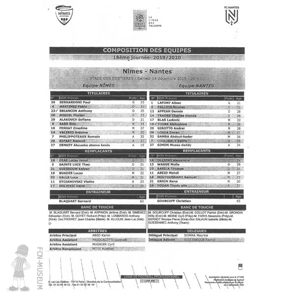 2019-20 18ème j Nîmes Nantes (Feuille de match)